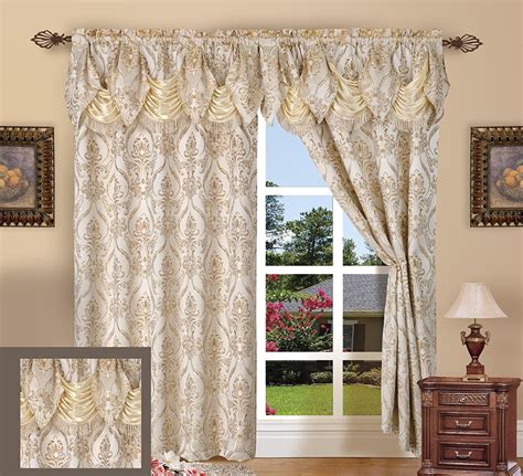 Living room drapes with valance - Linden Street Bayshore Energy Saving 100% Blackout Grommet Top Single Curtain Panel. $27.99 - $34.99 with code. $80 - $100. 42. Regal Home Lombardi Solid Metallic Sheer Rod Pocket Single Curtain Panel. $17.49 - $20.99 with code. $40 - $50. 3. Max Blackout Prescott 100% Blackout Grommet Top Single Curtain Panel.